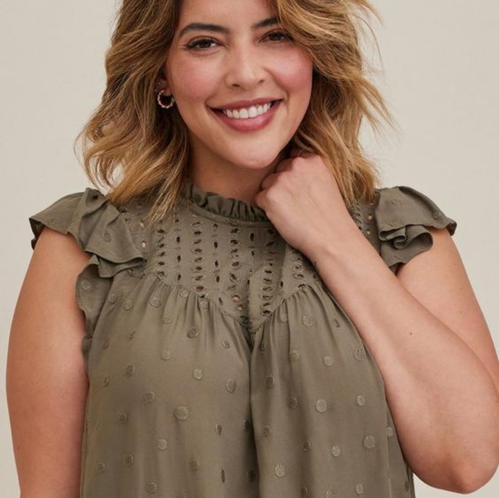 Torrid Green Eyelet Ruffle Sleeve Top Olive